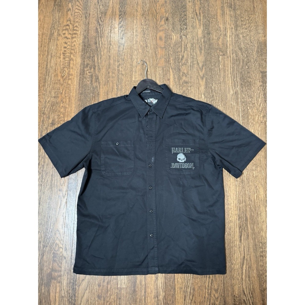 Harley Davidson Mens XL Black Short Sleeve Embroidered Skull Work Shirt Buttonup